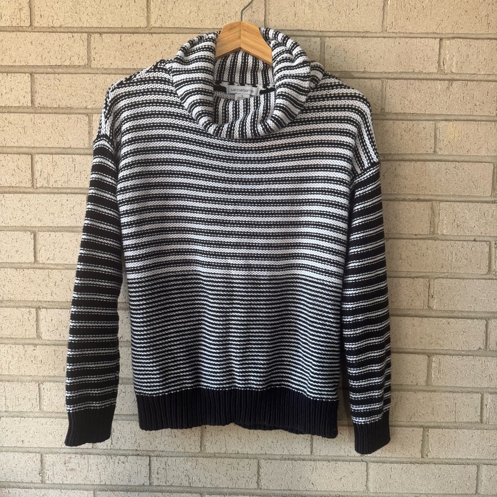 Vintage 90s Striped Black White Cotton Turtleneck Sweater Liz Claiborne Small